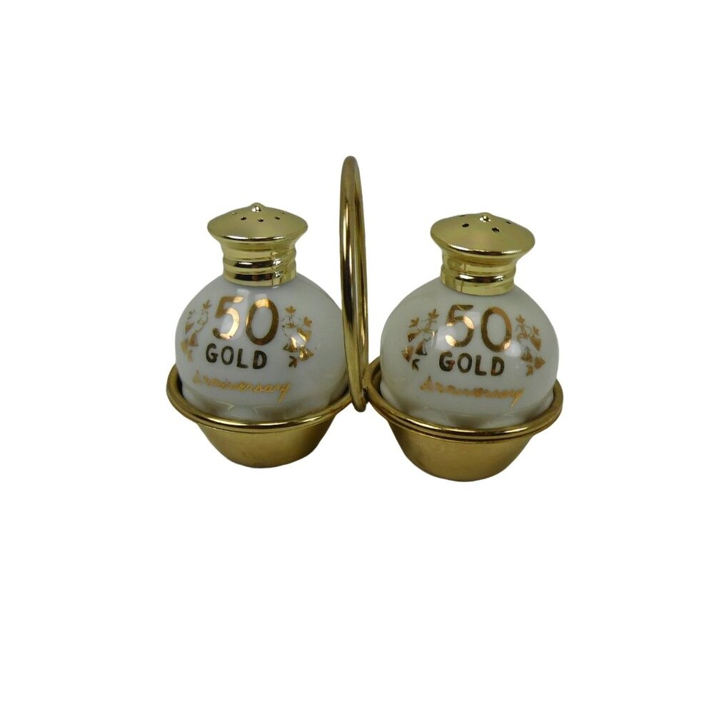 Vintage Japan 50TH Gold Anniversary Salt And Pepper Shakers 2.5"  W/Stand